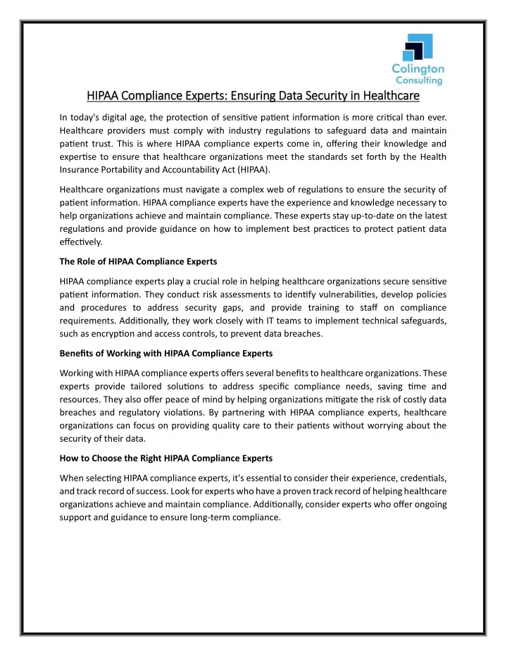 PPT - HIPAA Compliance Experts - Ensuring Data Security in Healthcare PowerPoint Presentation - ID:13353513